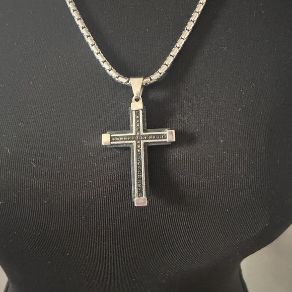 Zales Stainless Steel Necklace with Black Diamond Accent Cross Pendant - Picture 2 of 4